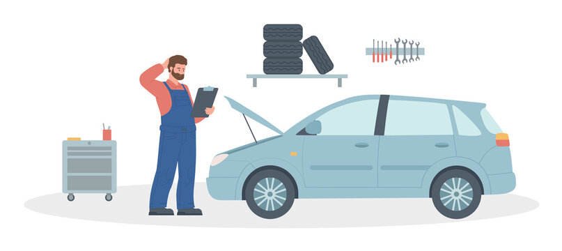A pensive worker in overalls stands scratching the back of his head, holding a tablet; full-length portrait. Flat Illustration on a transparent background