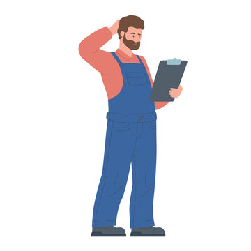 A pensive worker in overalls stands scratching the back of his head, holding a tablet; full-length portrait. Flat Illustration on a transparent background