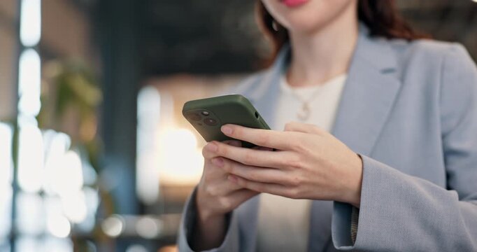 Hands, business and woman in office with phone, news research and email source to confirm facts. Bokeh, female person and typing in workplace with mobile, proofreading and story draft for publication