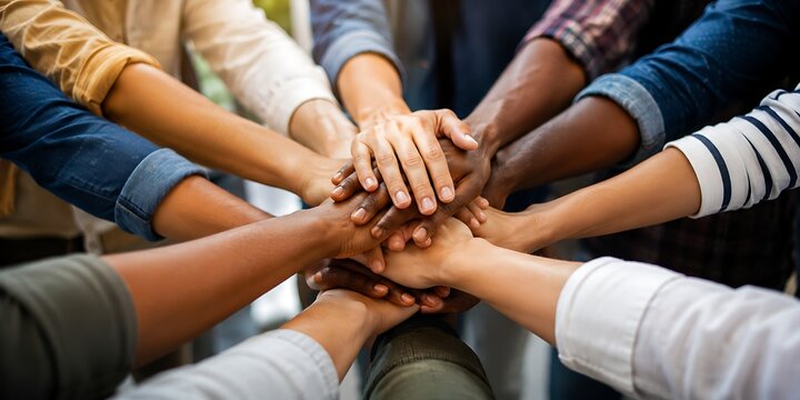 Diverse group of people with hands stacked in unity