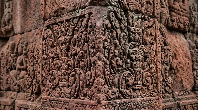 Intricate ancient stone reliefs on a weathered sandstone temple corner