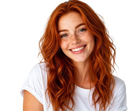 Happy Redhead Woman with Freckles and Wavy Hair Keywords: woman, redhead, freckles, smiling