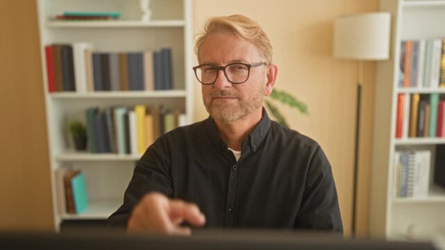 Man points finger to camera at computer in building, wearing glasses and dark shirt; concentration authority.