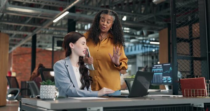 Business, woman and mentor in office with laptop, research and training intern for stock market. People, helping and talking with tech for teamwork, coaching employee and finance guidance for trading