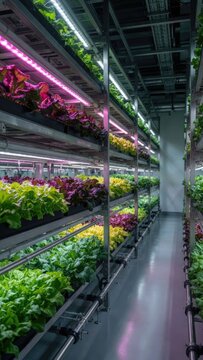 Vibrant hydroponic greenhouse with colorful lettuce varieties under artificial lighting in a modern urban setting