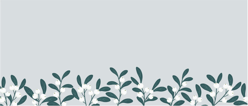 Christmas Mistletoe Border Banner with White Berries on Soft Grey Minimal Botanical Background