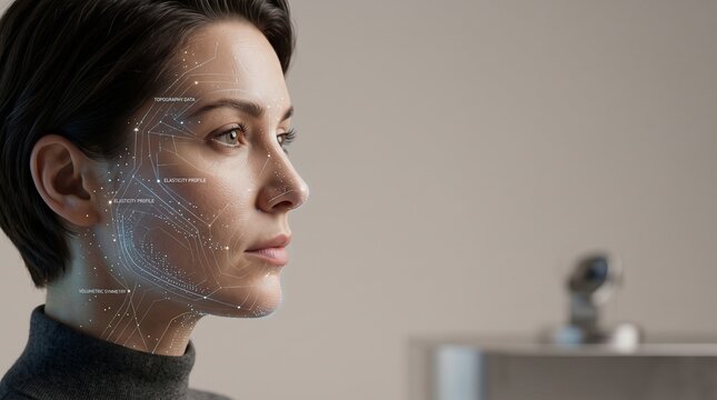Profile view of woman undergoing advanced biometric facial analysis with digital data overlay mapping with mesh interface analyzing