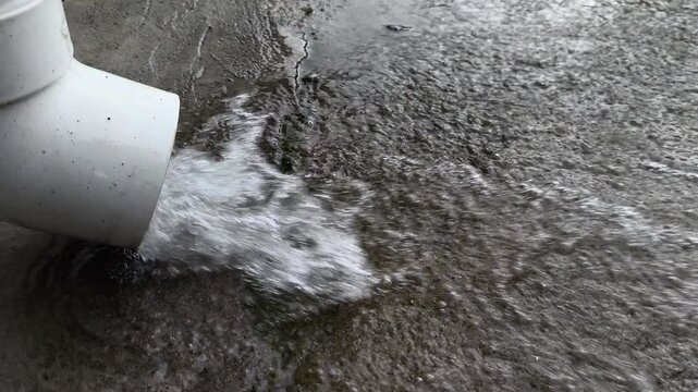 Water pouring from plastic drainpipe onto wet concrete ground