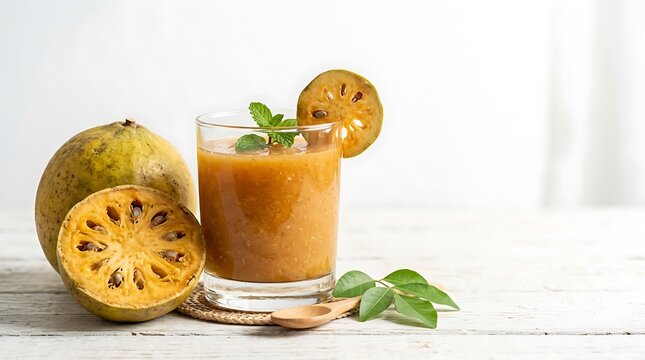 Fresh bael fruit juice in a glass. Healthy wood apple drink with tropical fruit slices.