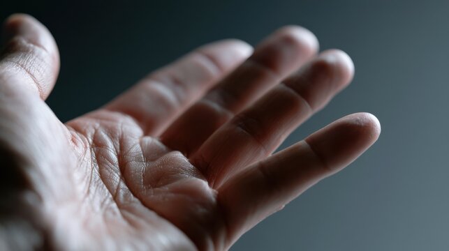 An open palm, extended forward with fingers slightly curled, bathed in soft, dramatic lighting against a dark, blurred background. This image evokes a sense of offering, request.