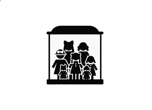 Vector illustration of dolls inside a glass display case. Family figures in a cabinet