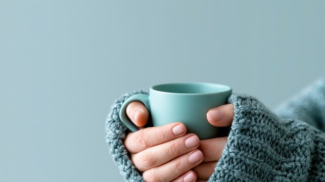 A cozy close-up of hands in a knitted sweater holding a warm cup of tea on a serene blue background, evoking a feeling of comfort and relaxation