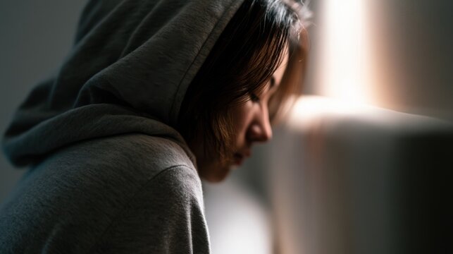 A young woman in a grey hoodie, looking down with a pensive expression, bathed in soft light from a window