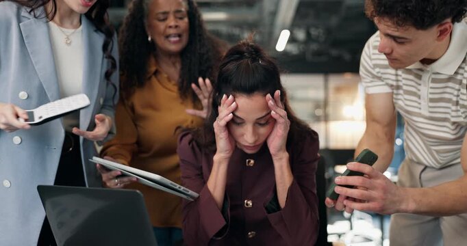 Woman, team and laptop with stress for workload, phone call and chaos for finance report deadline. Office, people and overwhelmed manager with tech, contact and pressure for financial audit crisis.
