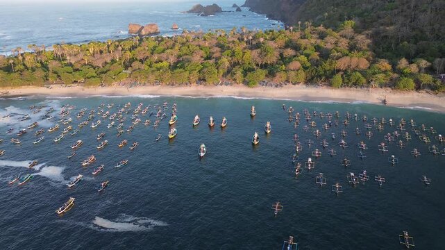 Aerial view of Papuma Beach with numerous traditional fishing boats anchored in the clear coastal waters near the lush green shoreline of East Java, Indonesia.