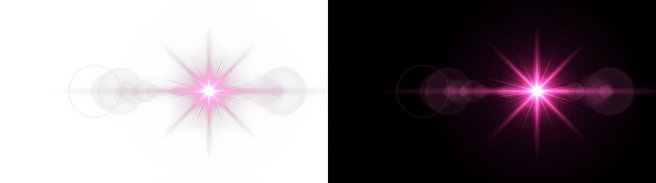 Abstract pink lens flare star effect on split white and black background with abstract, isolated