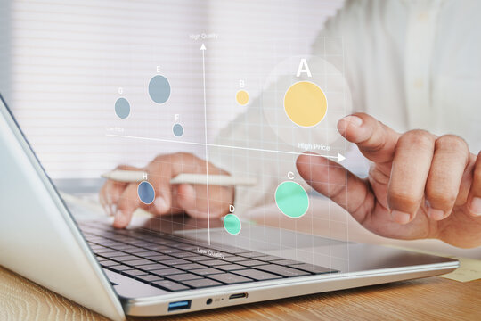Business professional analyzing market positioning matrix with competitive analysis, product portfolio evaluation, pricing strategy, quality comparison, strategic business decision-making dashboard