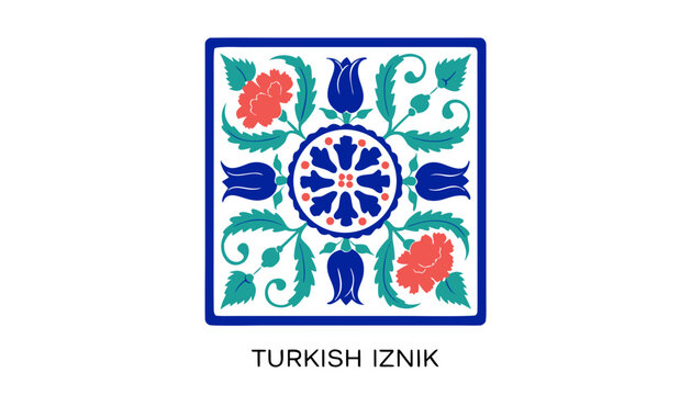 Very beautiful realistic vector illustration of a TURKISH IZNIK CERAMIC TILE featuring a bold interior label reading "TURKISH IZNIK", handcrafted floral ceramics with tulips, carnations, saz leaves, 