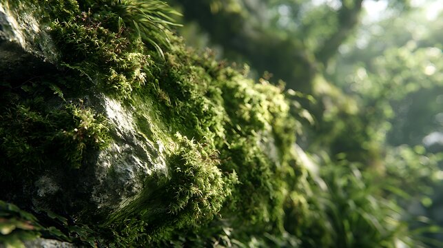 Macro view of lush green moss growing on a rocky surface in a forest.