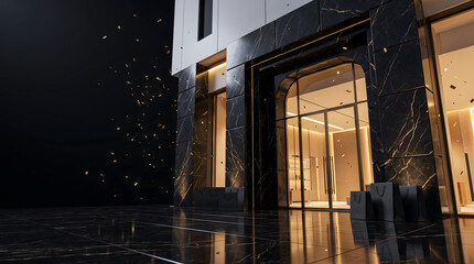 Fototapeta premium Luxury Modern Building Entrance with Black Marble and Glass Doors