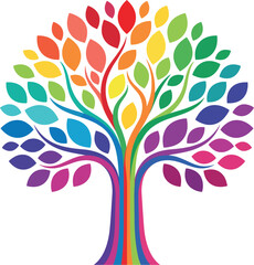 Obraz premium Abstract rainbow tree of life illustration featuring colorful leaves and trunk with vibrant artistic branches isolated on transparent background.