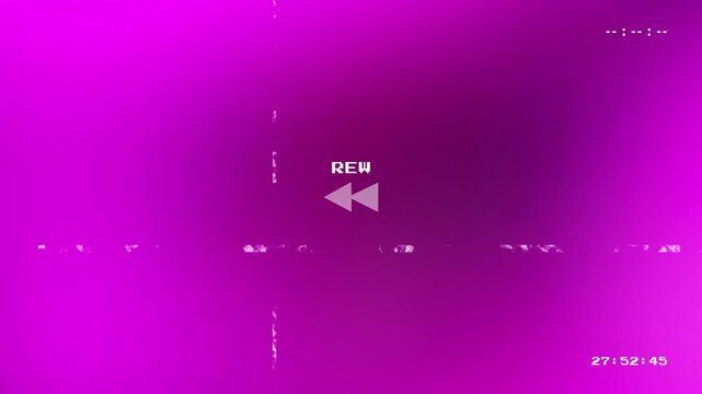 Retro old vhs rewind screen with light leaks and defect effects featuring abstract magenta and red colors with a digital timer counting down in a vintage analog glitch style