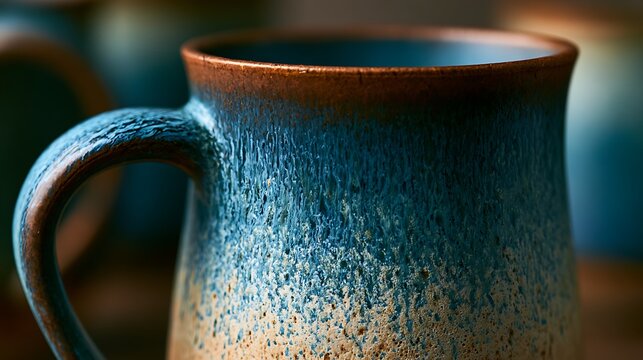 Handmade ceramic mug with blue and brown reactive glaze.