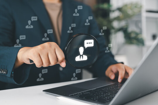 Sentiment analysis concept, hand typing on laptop with user icon and chat bubbles. AI opinion mining, customer feedback evaluation, emotion detection, social media analytics for marketing insight.