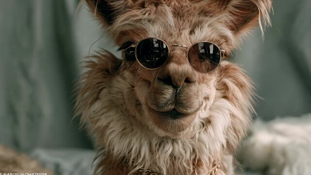 Humorous portrait of a stylish alpaca wearing round sunglasses and a gold chain, looking directly at the camera with a confident and amusing expression while chewing in a funny way