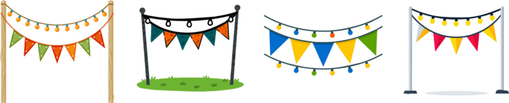 A vibrant autumn festival setup features colorful triangular flags and string lights hanging between wooden posts, creating a festive atmosphere for outdoor gatherings