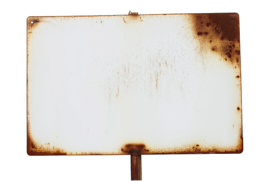 Rectangular metal sign with rust stains isolated on a transparent background