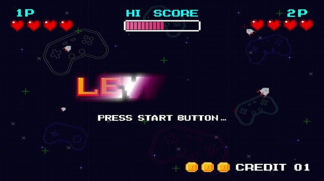 LEVEL UP icon pixel art 8 bit. Retro Futurism Sci-Fi Background. glowing neon grid and stars from vintage arcade computer games