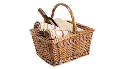 Obraz premium Wicker picnic basket with rolled textiles inside isolated on transparent background