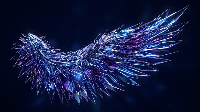 Digital illustration of a single angel wing made of glowing crystal shards