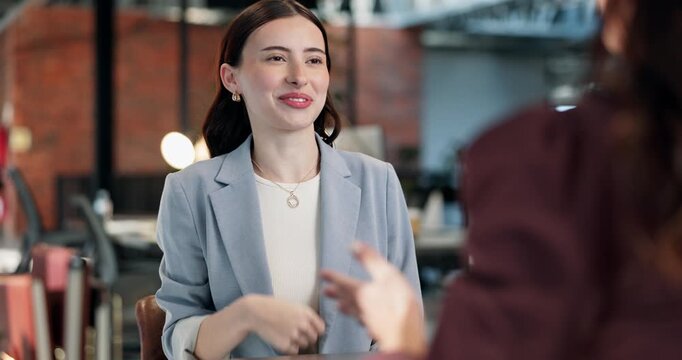 Resume, handshake and businesswoman at job interview in office for recruitment with opportunity. Discussion, cv and candidate shaking hands with hiring manager for onboarding process with portfolio.