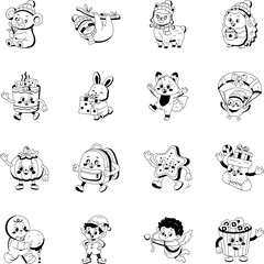 Fototapeta premium 2.Cute festive characters featuring woodland animals, holiday treats, school items, elves, Cupid, popcorn, pumpkins, and winter accessories in a cheerful seasonal vector style. 