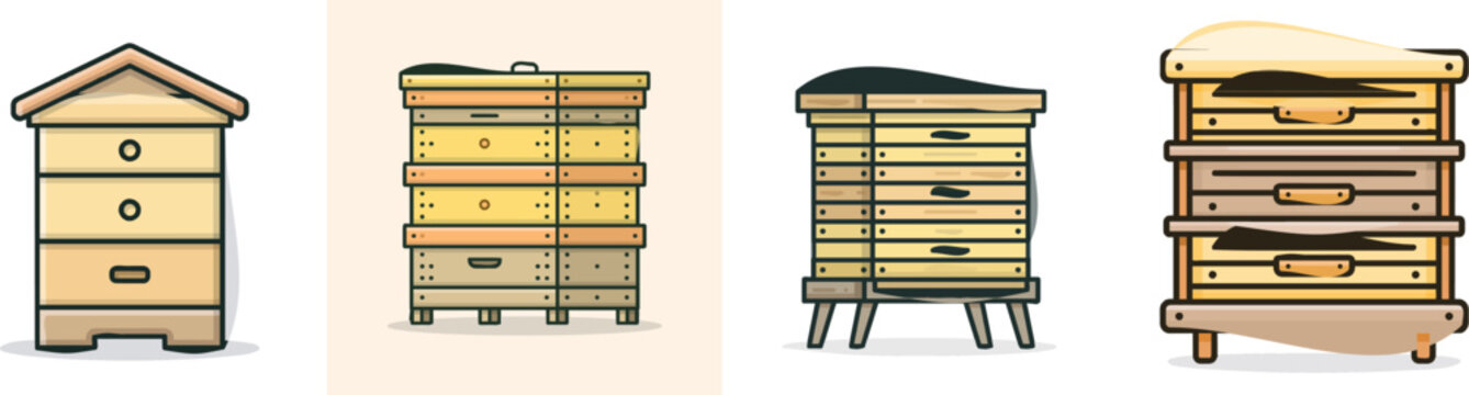 A minimalist, flat vector illustration of a stacked wooden Langstroth beehive with clean dark outlines and pastel yellow and wood tan colors, isolated on a white background