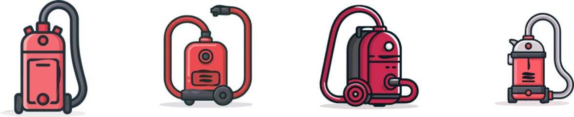 Fototapeta premium A minimalist red canister vacuum cleaner with a black hose is depicted in a flat 2D vector illustration, showcasing its sleek design against a solid white background