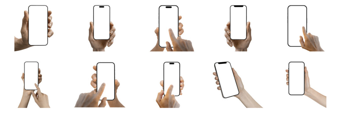 Set collection of phones in hand on transparent background