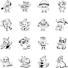 Fototapeta premium Festive holiday characters featuring Christmas treats, woodland animals, birds, marshmallows, candles, reindeer, and wildlife in a cheerful seasonal vector style. 