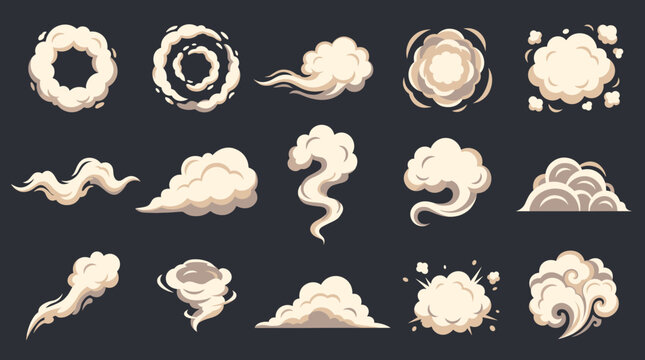 Cartoon explode cloudburst. Comic explosive effect. Radial explosion icon, bomb explosion, fire fume, speed smoke ring, blast, gas puffs in air, bang power. Vector set