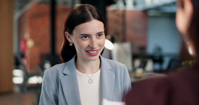 Resume, discussion and businesswoman at interview in office for recruitment with career opportunity. Meeting, cv and candidate with hiring manager for onboarding process with portfolio in workplace.
