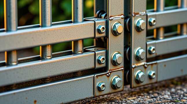 Steel roller mechanism on sliding gate exterior. Industrial hardware detail shows metal wheels attached to fence frame with nuts, bolts. Robust construction equipment component provides smooth