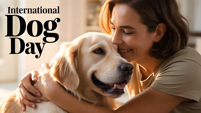 Happy International Dog Day background with woman hugging golden retriever at home