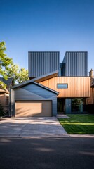 Naklejka premium Modern two car garage and contemporary building on a driveway with lawn and trees in a suburban neighborhood