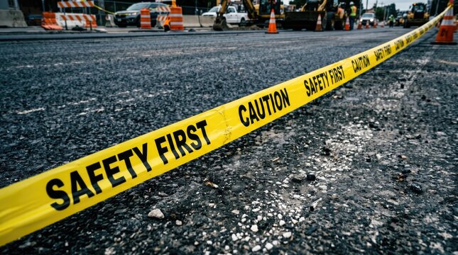 Bright yellow safety barrier tape marking caution zone on asphalt roadway with construction equipment with protocols active construction asphalt surface