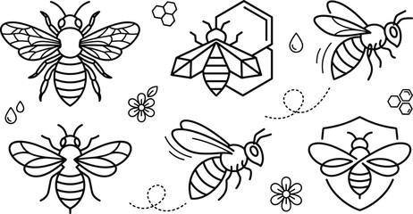 Honey bee vector illustration set featuring flying honeybees, organic honeycombs, sweet nectar droplets, fresh blossoms, and natural logo emblems for eco branding © MSTKAOCHARA