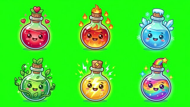Kawaii Animated Magic Potion Bottles on Green Screen