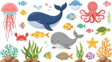 Cute Cartoon Sea Creatures Set with Marine Animals Coral Reef Elements and SeaweedCute Cartoon Sea Creatures Set with Marine Animals Coral Reef Elements and Seaweed © MDROWNOK