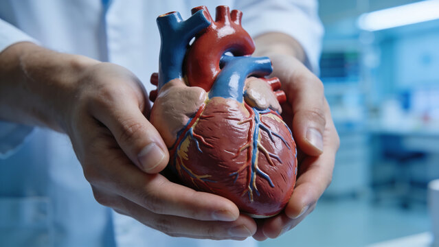 Generative AI depicts a realistic model of a human heart held by hands